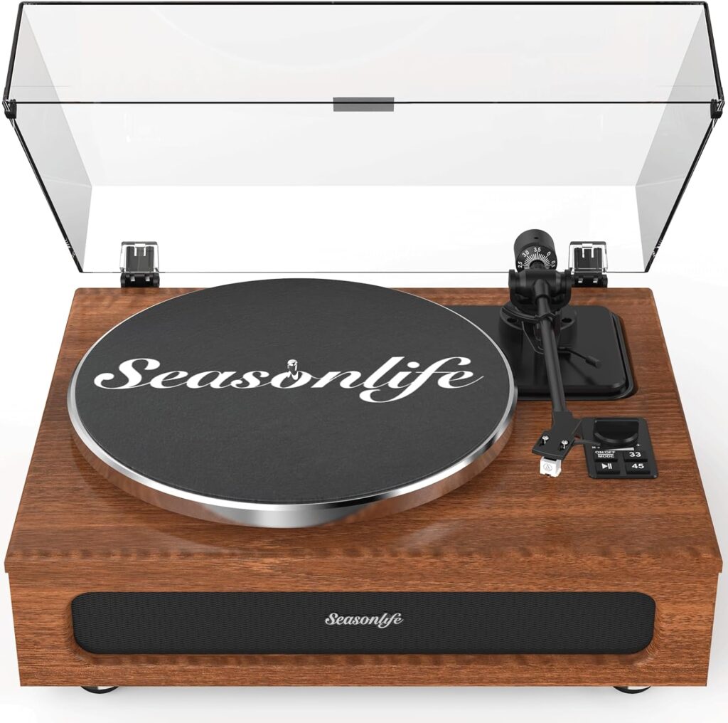 All-in-One Turntable with Built-in Speakers, Bluetooth, Auto Stop, Belt Drive, MM Cartridge, and Vintage Styling - For Vinyl Records