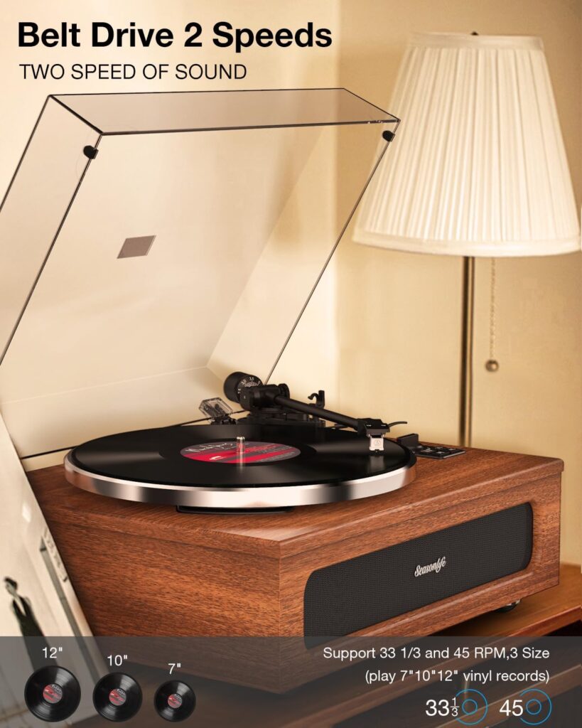 All-in-One Turntable with Built-in Speakers, Bluetooth, Auto Stop, Belt Drive, MM Cartridge, and Vintage Styling - For Vinyl Records
